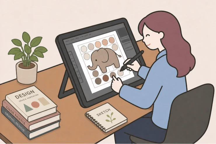 デザイナーがタブレットでイラストを制作している様子